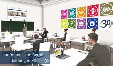 Über die 3D Virtual Experience Plattform rooom können die Angebote der kaufmännischen Bildungswelten zukünftig bei einem virtuellen Rundgang gebündelt und interaktiv entdeckt werden
