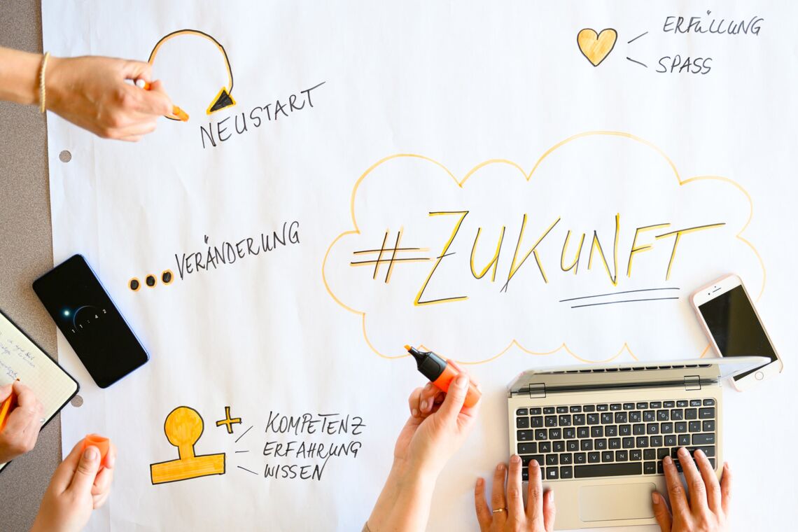 Großes, mit Schlagworten beschriebenes Blatt Papier, um das Menschen verteilt sind mit Laptop, Handys und Stiften